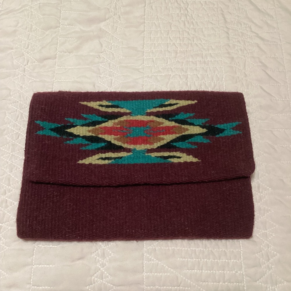 El Paso Saddleblanket Co Burgundy Wool Southwestern Aztec Clutch Bag Handwoven